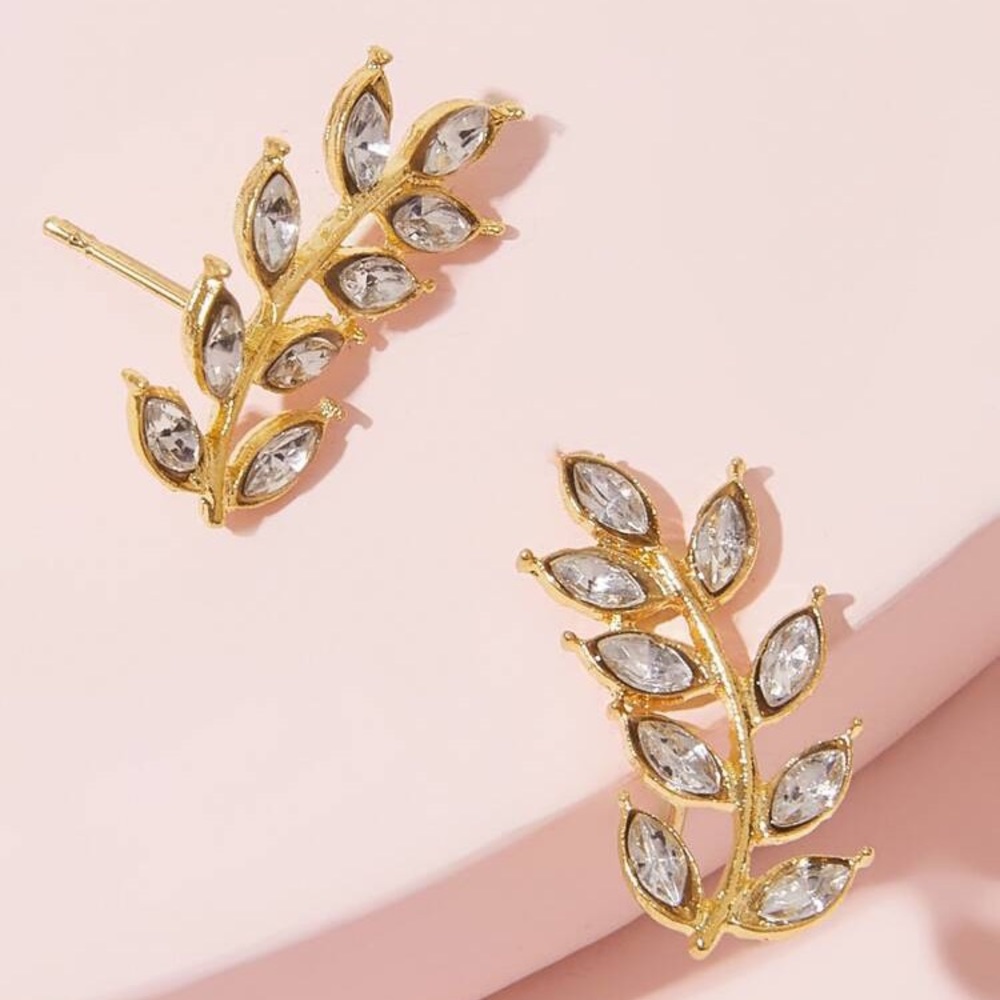 Rhinestone Leaf Stud Earrings - image 1